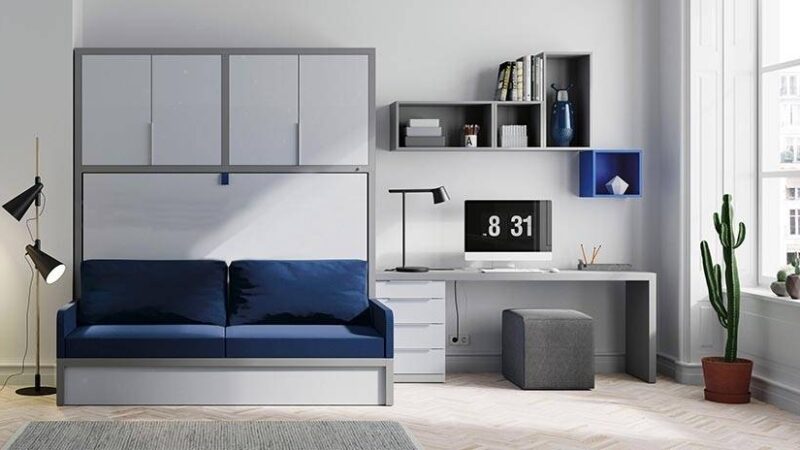 Mueble con cama abatible y sofá frontal que se oculta bajo la cama. Estilo masculino.