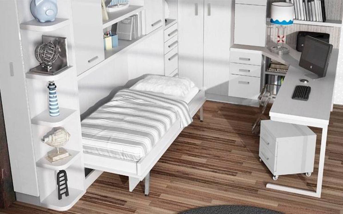 Cama abatible horizontal individual con prácticos estantes y armarios superiores.