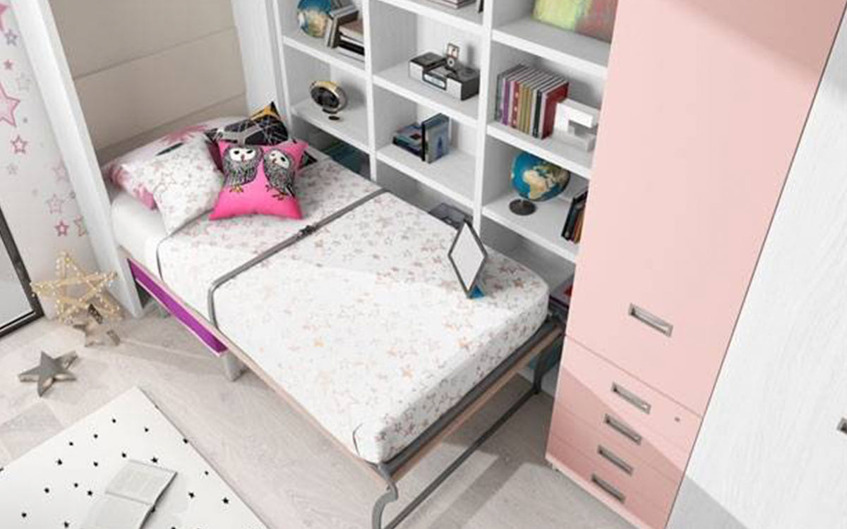Cama individual abatible con sofá y cómodo arcón integrado, estilo juvenil.
