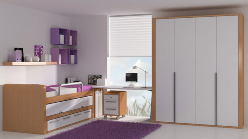 Cama elevada con cama nido y cajones inferiores en color haya y blanco, para habitación juvenil