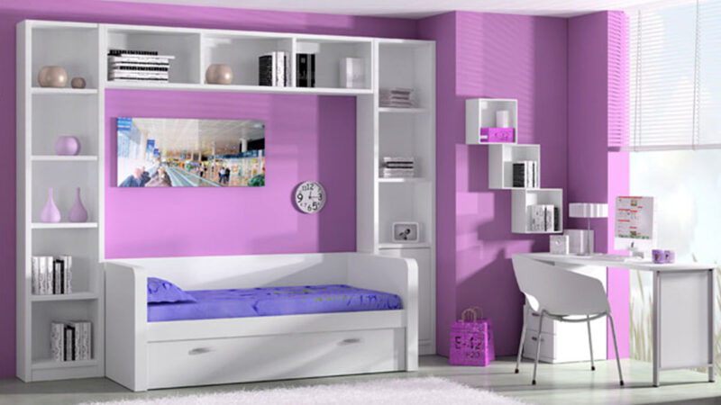 Cama elevada con cama nido extraíble y cajones inferiores en color haya y blanco para habitación juvenil