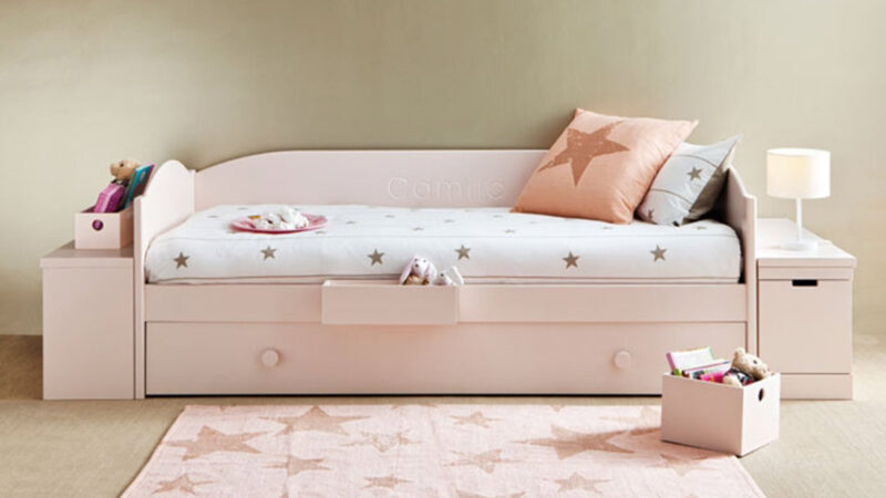 cama nido con somier extraíble y módulos jugueteros laterales, muebles Asoral de madera maciza