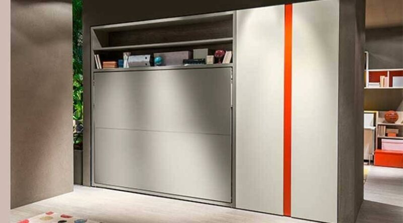 Mueble cama abatible Clei, mueble lacado de color gris y naranja.