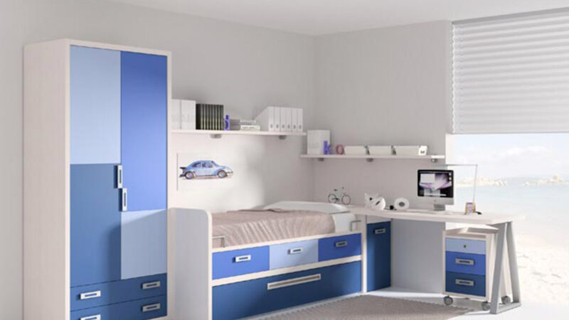 Dormitorio infantil con cama nido, somier extraíble y tres cajones inferiores, acabado en chapa sintética resistente y personalizable en colores y tiradores