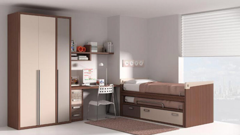 Dormitorio juvenil con cama nido elevada, somier extraíble inferior y dos cajones desiguales, acabado en chapa sintética y múltiples opciones de color