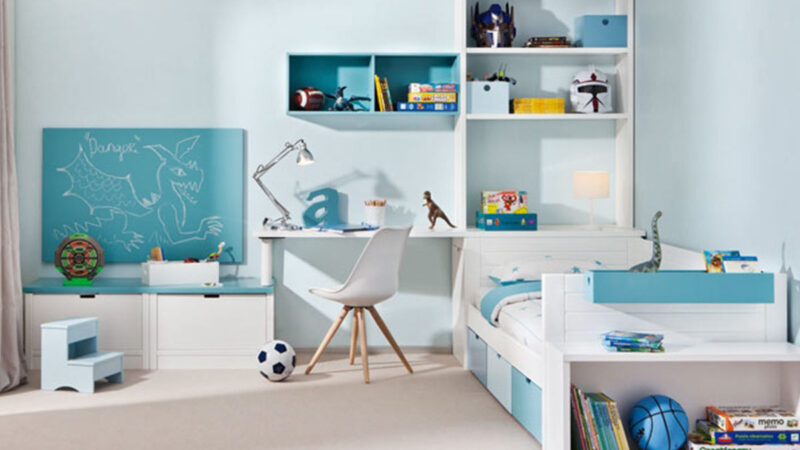 dormitorio juvenil con cama nido y almacenamiento integrado en frente de pared