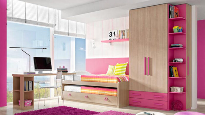 Habitación infantil o juvenil en ángulo en haya y fucsia con cama nido, somier inferior, armario y escritorio en L, acabado en chapa sintética resistente y fácil de limpiar