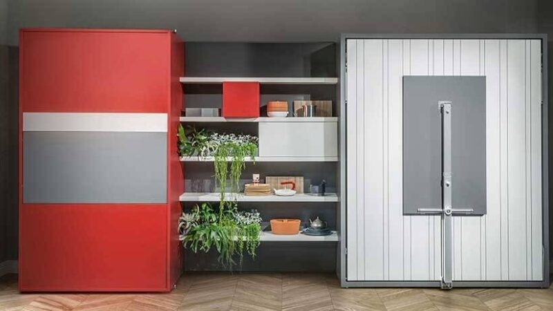Mueble con cocina y cama integrado. Cocina oculta. Cama oculta y estantes centrales.