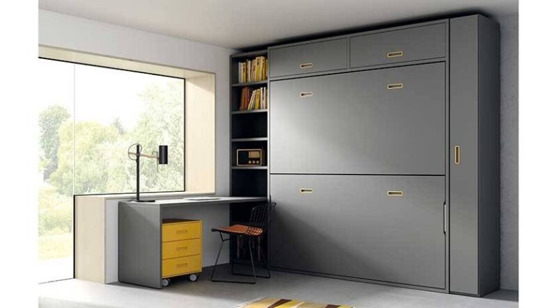 Litera abatible incorporada en mueble con estantería y escritorio opcional. Color gris, para despachos.