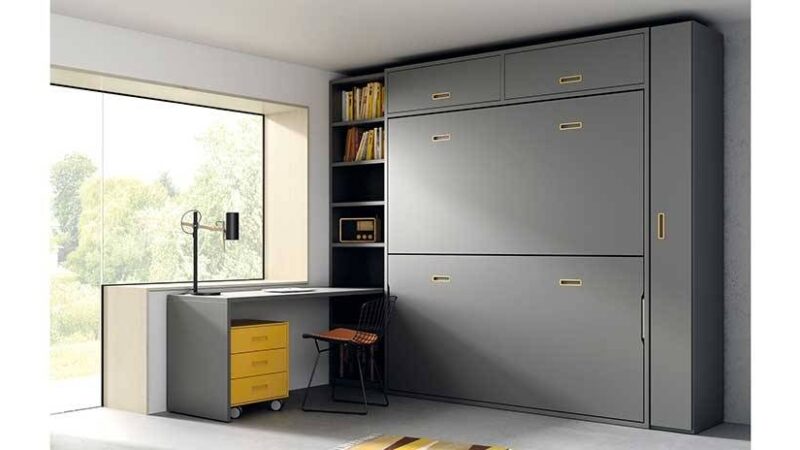 Litera abatible incorporada en mueble con estantería y escritorio opcional. Color gris, para despachos.