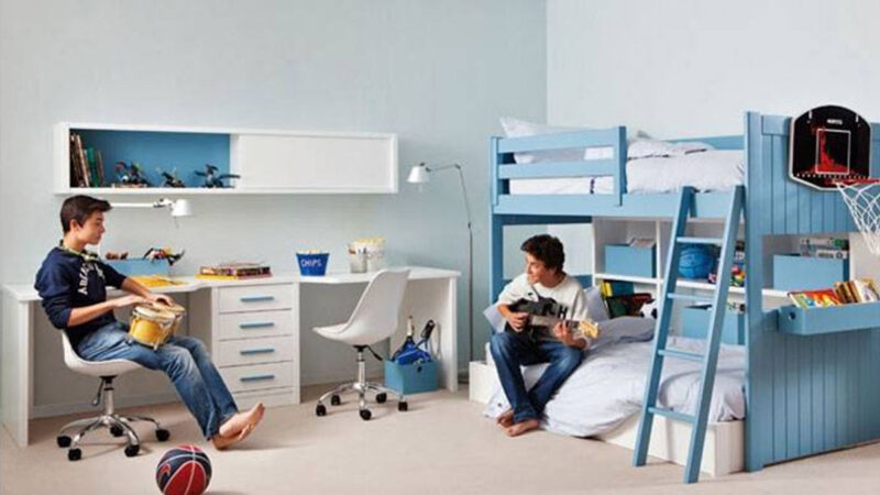 litera loft con cama baja y librería integrada, muebles juveniles Asoral en madera maciza