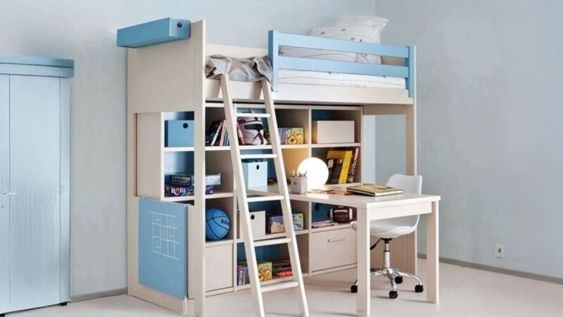 litera loft con escritorio y librería integrada, muebles juveniles Asoral de madera maciza