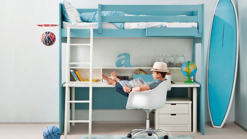 habitación infantil con litera loft, escritorio integrado y cama en ángulo Asoral, muebles juveniles de alta calidad y diseño funcional