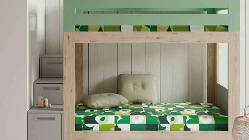 Litera infantil nórdica con cama superior e inferior, escalera con cajones y colores personalizables