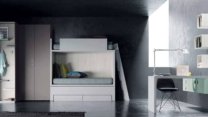 Litera juvenil de tres camas con cama nido, escalera y cajones de almacenamiento