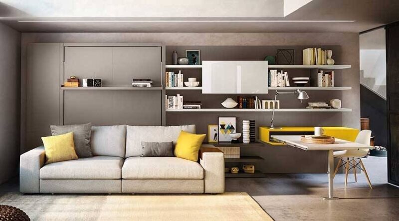 Mueble abatible Clein, estantería, cama de matrimonio plegable y sofá tres plazas.