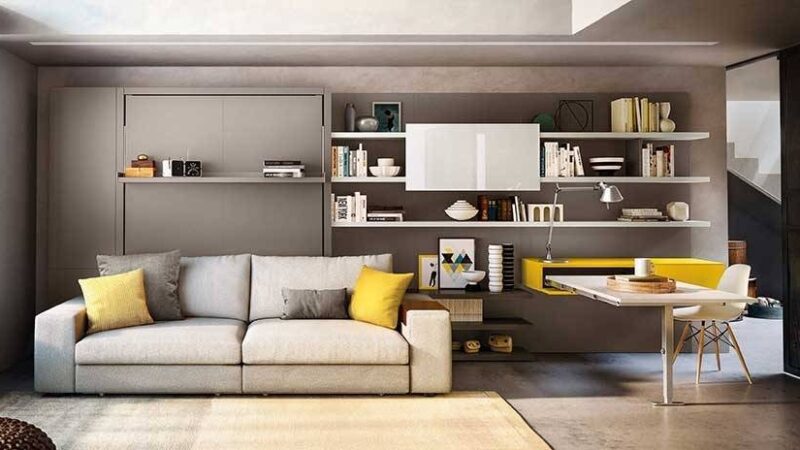 Mueble abatible Clein, estantería, cama de matrimonio plegable y sofá tres plazas.