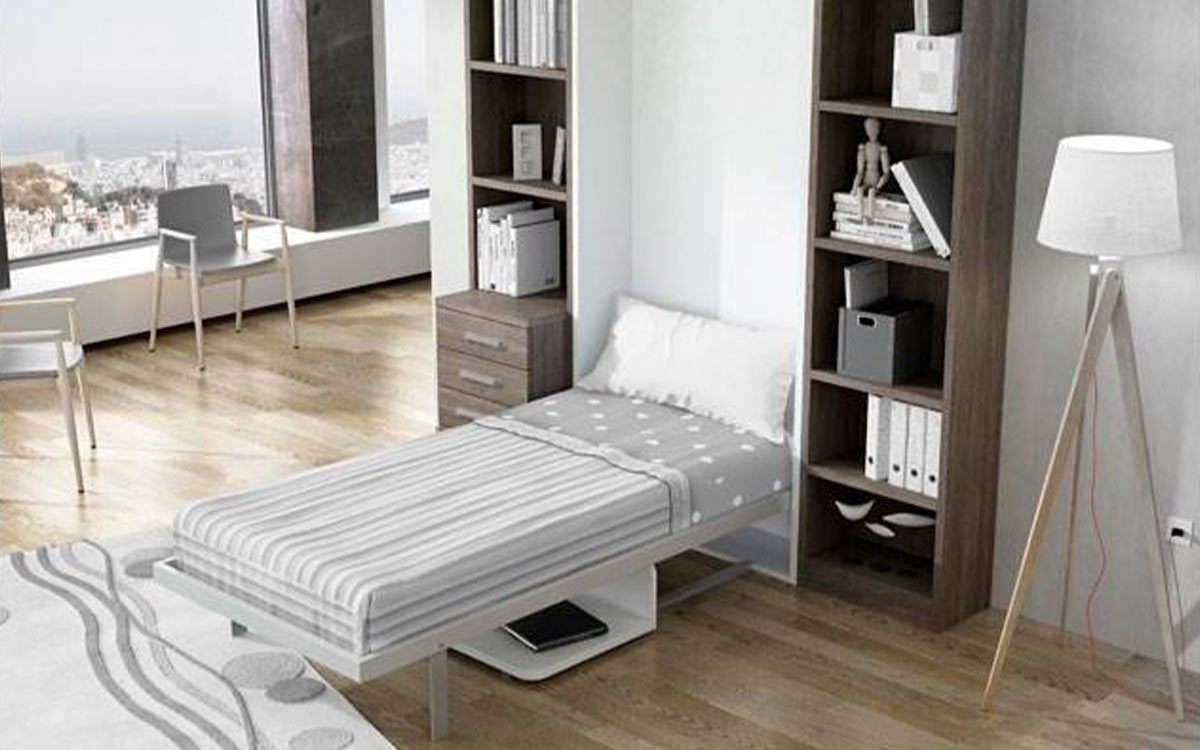 Cama abatible individual con mesa incorporada y apertura automática.