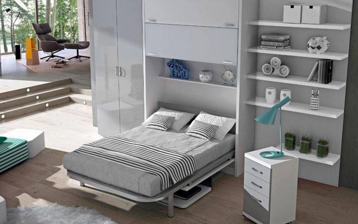 Mueble cama abatible de matrimonio con mesa incorporada personalizable.