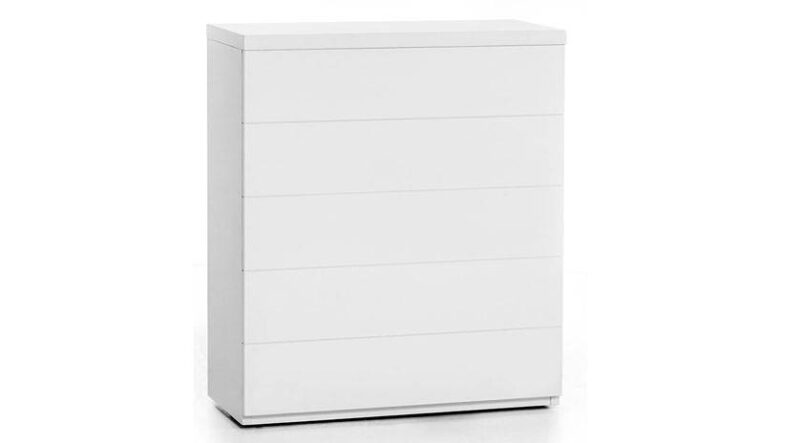 Mueble cama, ocupa el espacio de una cómoda, color blanco. Exteriormente, simula una cómoda de cinco cajones, pero en su interior oculta una cama plegada individual. Cama plegatin hotel.
