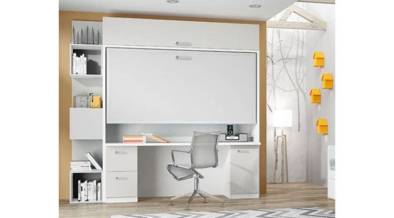 Cama abatible horizontal elevada con gran mesa de estudio debajo