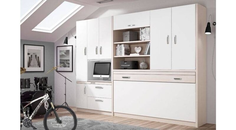 Mueble cama con estanterías, armarios. Cama abatible en horizontal