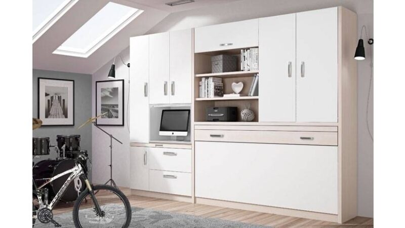 Mueble cama con estanterías, armarios. Cama abatible en horizontal