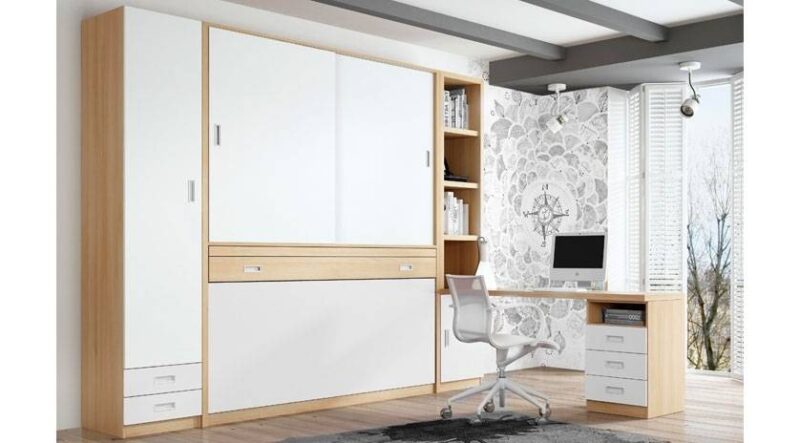 Habitación juvenil con cama abatible horizontal oculta. Combinación de acabado madera y blanco.