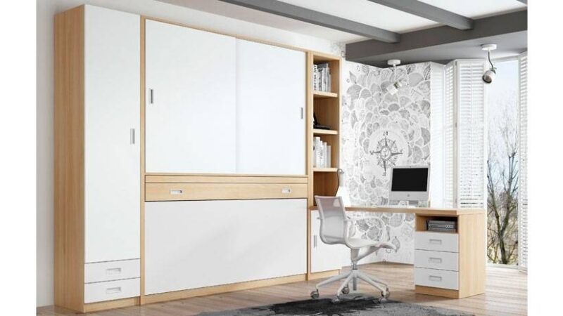 Habitación juvenil con cama abatible horizontal oculta. Combinación de acabado madera y blanco.