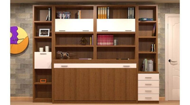 mueble con estantes y cama abatible horizontal en la zona inferior, estilo clásico.