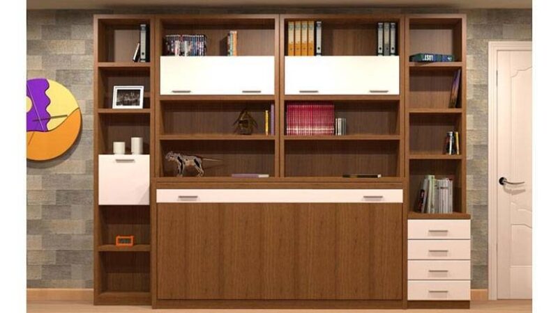 mueble con estantes y cama abatible horizontal en la zona inferior, estilo clásico.