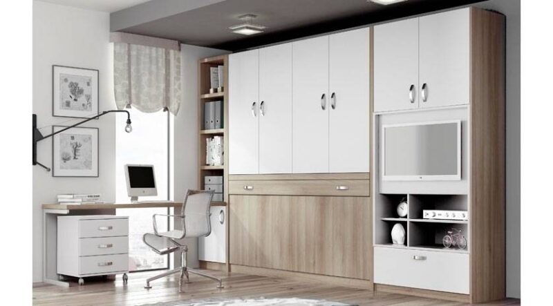 Mueble con armarios y cama abatible horizontal. Combina acabada madera y blanco. Mueble puede integrar televisor y estantes junto a los armarios y la cama abatible horizontal.