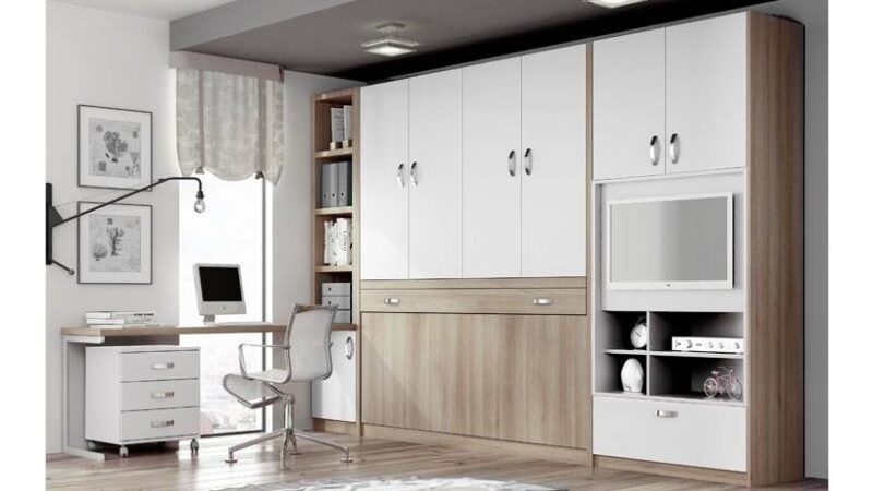 Mueble con armarios y cama abatible horizontal. Combina acabada madera y blanco. Mueble puede integrar televisor y estantes junto a los armarios y la cama abatible horizontal.