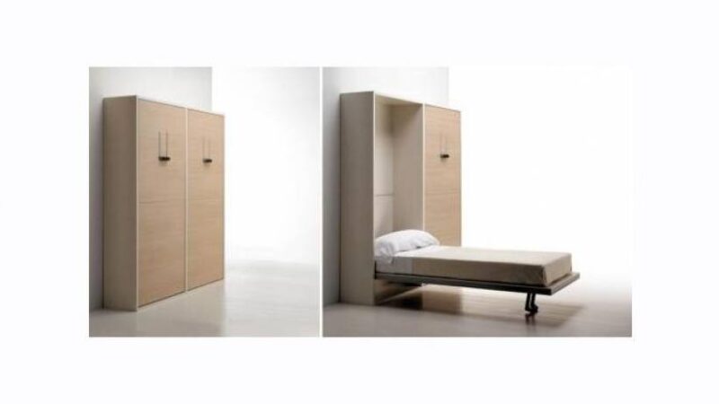 Mueble con cama vertical integrada. Incorpora armario a un lado y la cama en el otro. Apariencia exterior de armario.