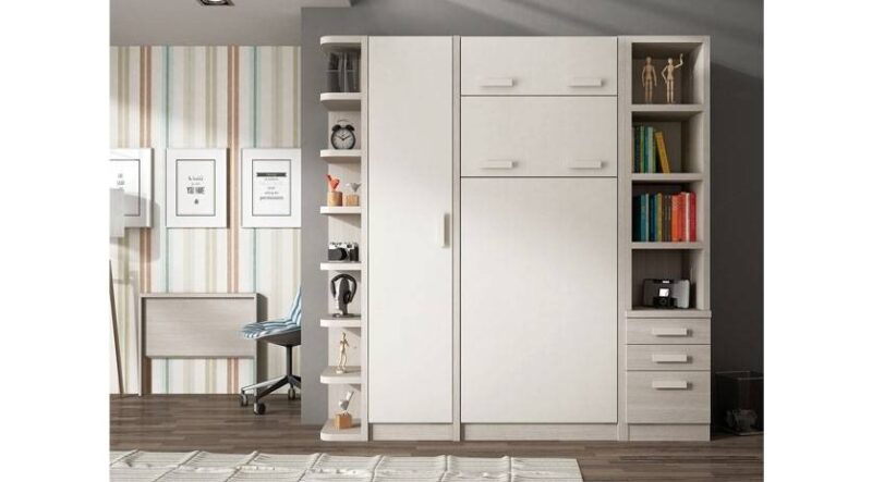 Mueble con estantes, armario y cama abatible vertical