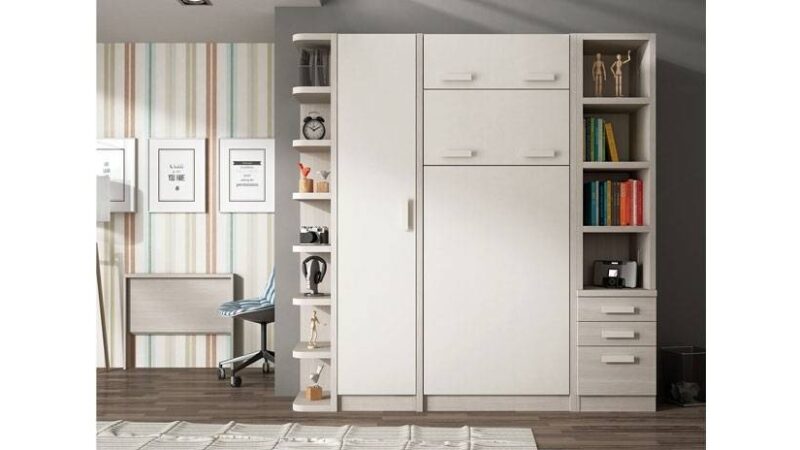Mueble con estantes, armario y cama abatible vertical
