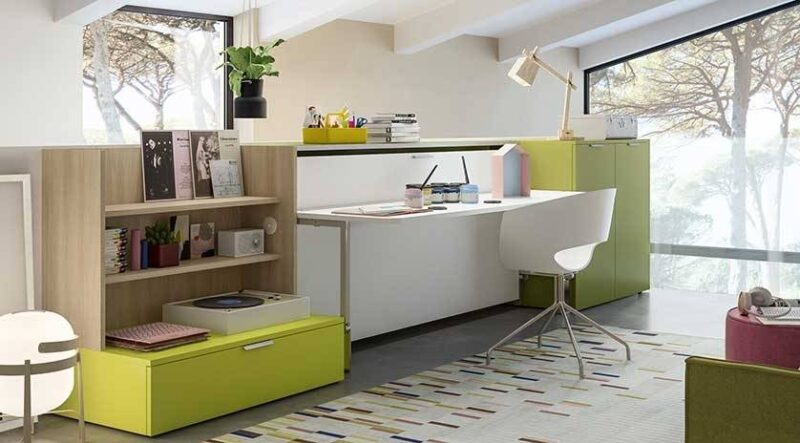 Cama individual abatible con escritorio frontal