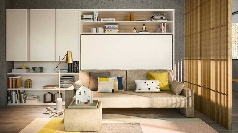 Mueble cama lacado con sofá frontal para salón. El mueble incluye estantes.