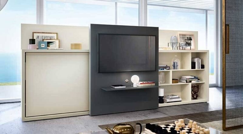 Completo mueble cama abatible, con estantería y panel deslizante