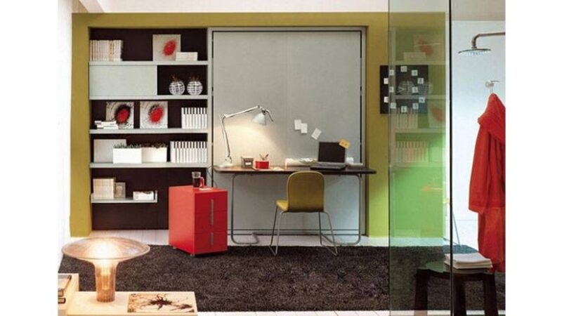 estudio, mueble escritorio con cama abatible de matrimonio y estantería integrada.