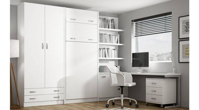 Mueble cama con literas abatibles, mueble cama modular con otros elementos de la serie como armario, estantes y escritorio.
