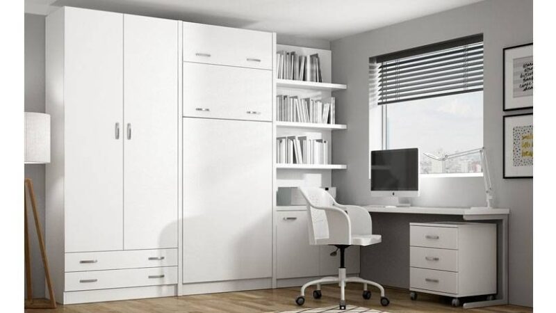 Mueble cama con literas abatibles, mueble cama modular con otros elementos de la serie como armario, estantes y escritorio.