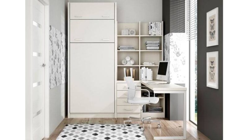 Mueble estantería con cama individual vertical, cabe en una habitación estrecha