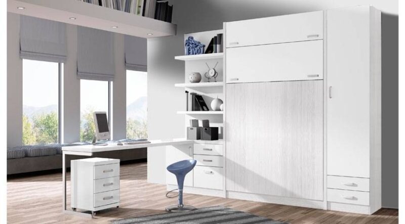 mueble cama con litera abatible vertical, combinable con estantería y escritorio.