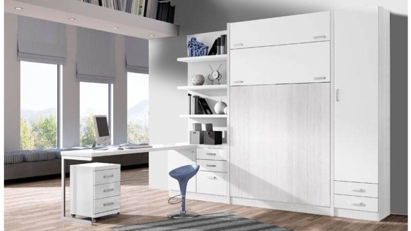 mueble cama con litera abatible vertical, combinable con estantería y escritorio.