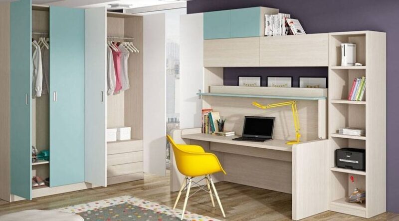 mueble cama con mesa para habitación juvenil. Elemento modular combinable con armarios y estantes