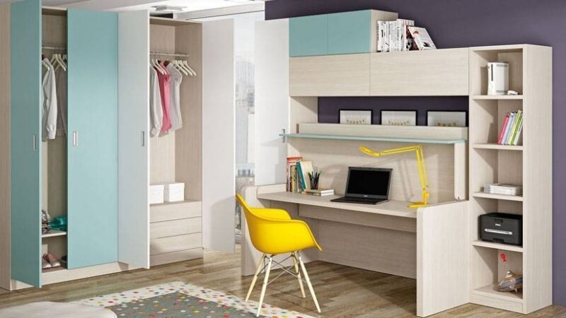 mueble cama con mesa para habitación juvenil. Elemento modular combinable con armarios y estantes