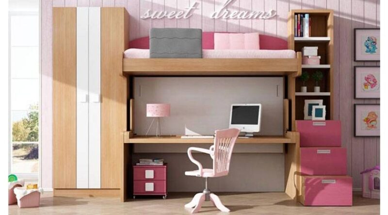 litera abatible con mesa de estudio. Cama de arriba fija.