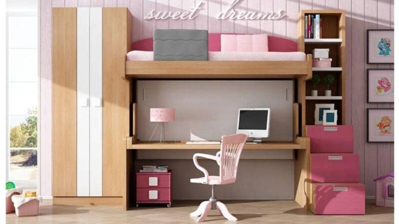 litera abatible con mesa de estudio. Cama de arriba fija.