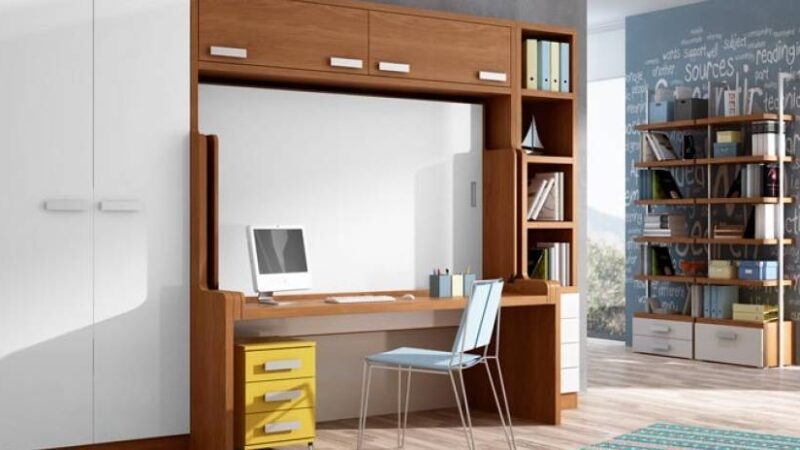 Escritorio cama abatible. Mueble cama con escritorio, armarios y estantes.